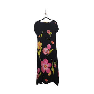 Vintage Silk Maxi Dress Black Floral Flowers Fairy Whimsy 90s Goth Mureli Med